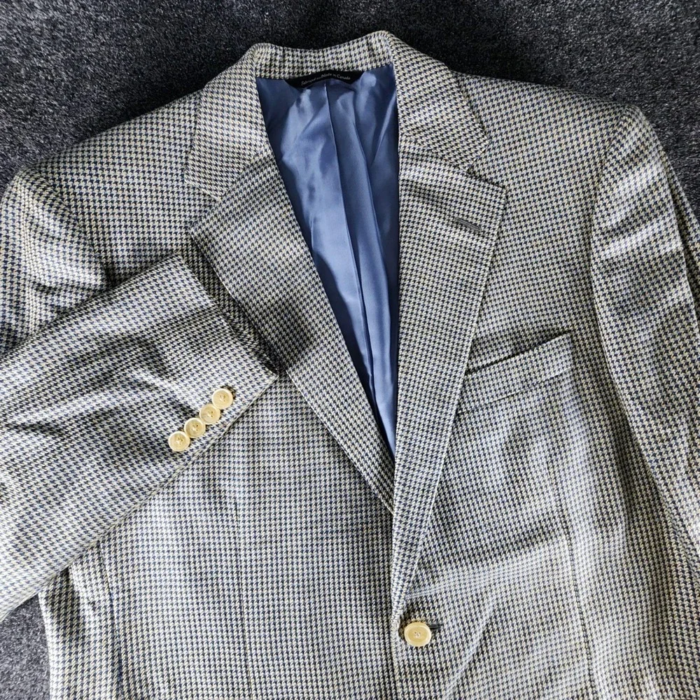 Samuelsohn‎ Mens 40R Silk Wool Houndstooth Sport Coat Blazer Blue & Tan EUC